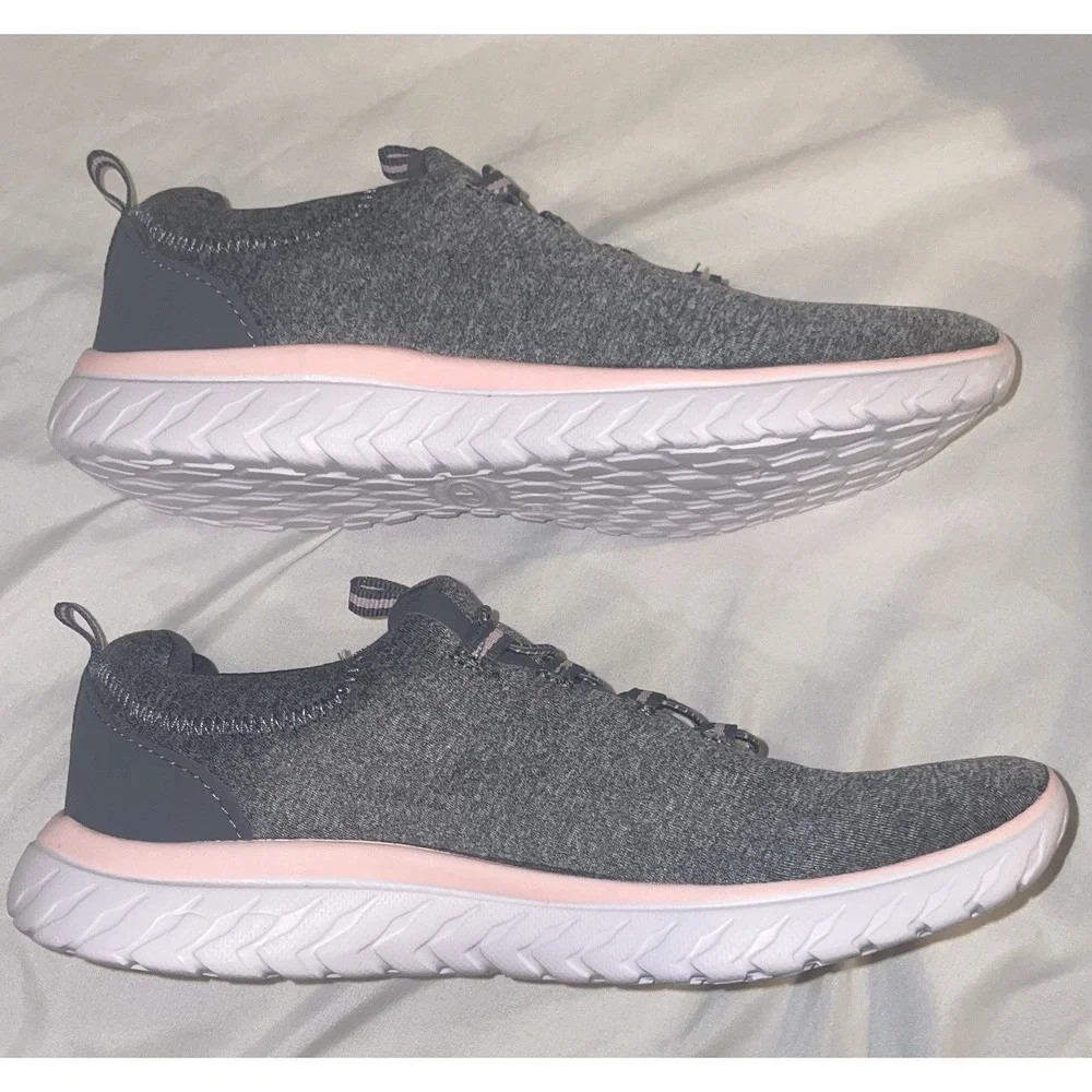 Athletic Works Womens 8W Gray Pink Bungee Slip On Walking Sneakers Memory Foam